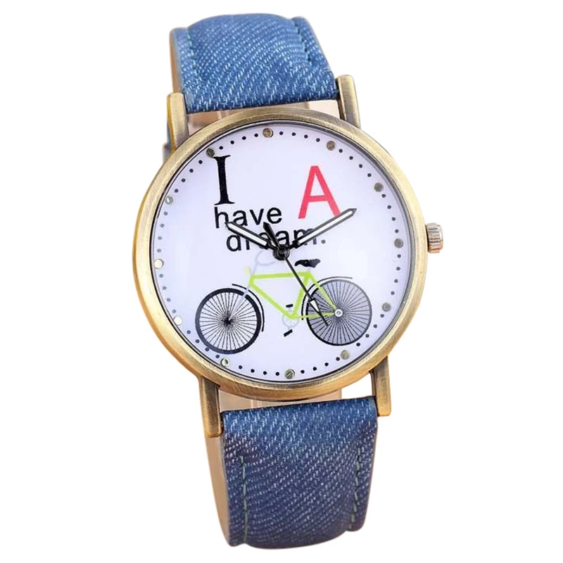 

New Women Men Fashion Denim Strap Watches Bicycle Pattern Wrist Watch