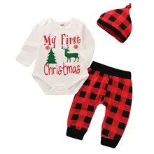 Emmaaby My First Christmas/Одежда для новорожденных мальчиков и девочек, буква принт комбинезон+ клетчатые длинные штаны+ шапочка, комплект из 3 предметов, UK