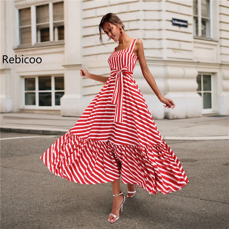 

Plus Size 2019 Women Summer Vinatge Elegant Party Night Dresses Striped Sexy Casual Maxi Fashion Dress 3XL