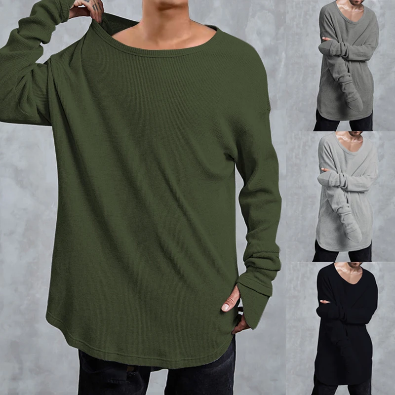 

INCERUN Punk Style Men Long Sleeve T Shirts Irregular Curved Hem Knitted Loose Swag Tee HipHop TShirts Casual Tops Harajuku 2XL