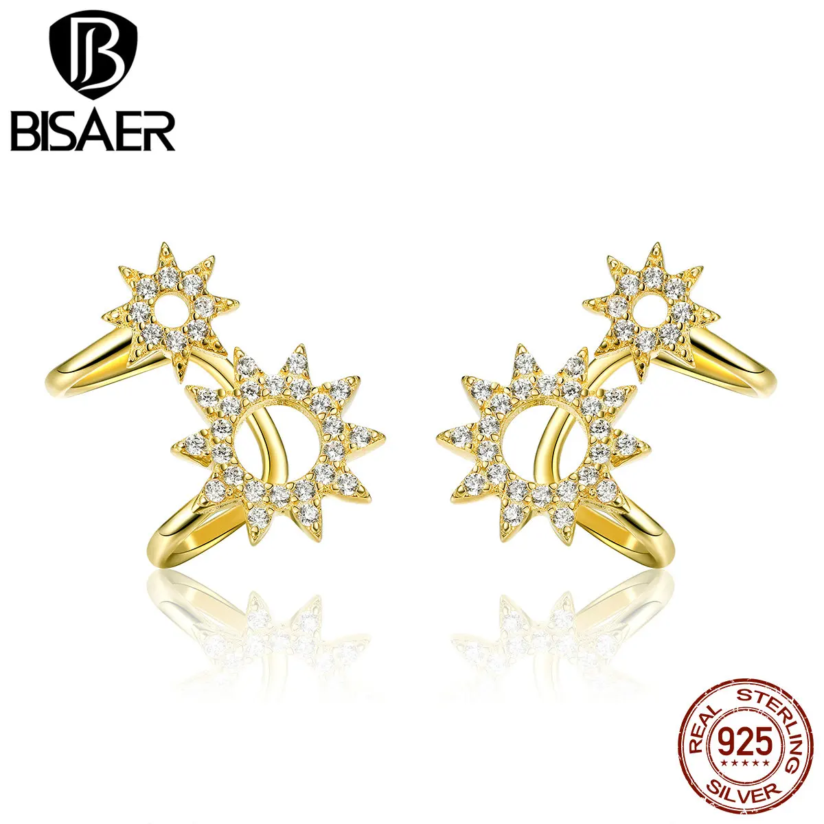 

BISAER High Quality 925 Sterling Silver Original Golden CZ Sun Shape Dazzling Clip Earrings For Women Jewelry Making Gift HSE491