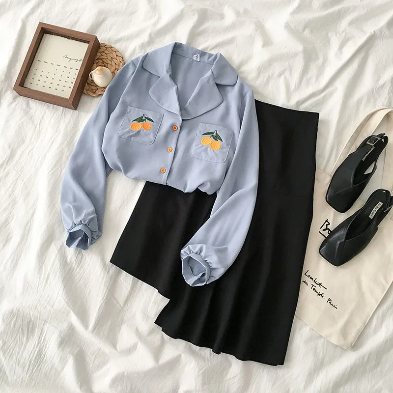 

Mooirue Summer Skirt Set Office Lady Elegant Formal Suit Spring Korean Embroidery Blue Shirt + Long Irregular Skirt Summer Set