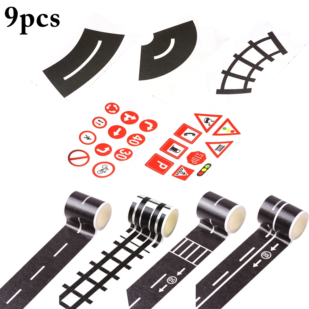 

4 Rolls Road Tapes DIY Removable Toy Car Tapes with Traffic Signs & Curved Roads
