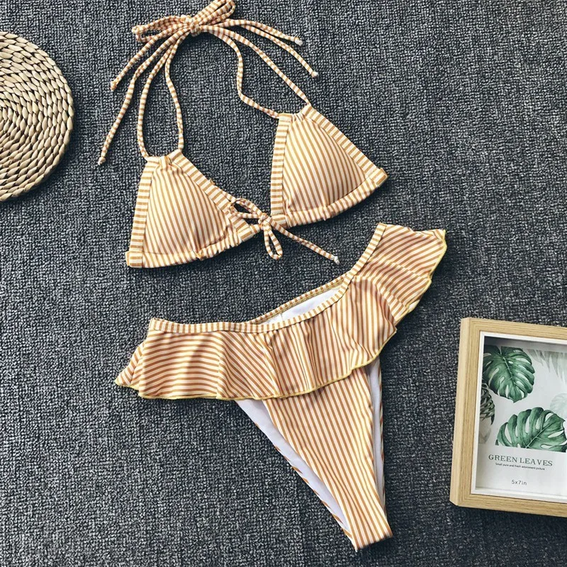 

Sexy Women Swimsuit High Cut Push Up Swimwear Thin Line Striped Bikini Ruffle Side Swimming Pants String Halter Bra Bathing Suit