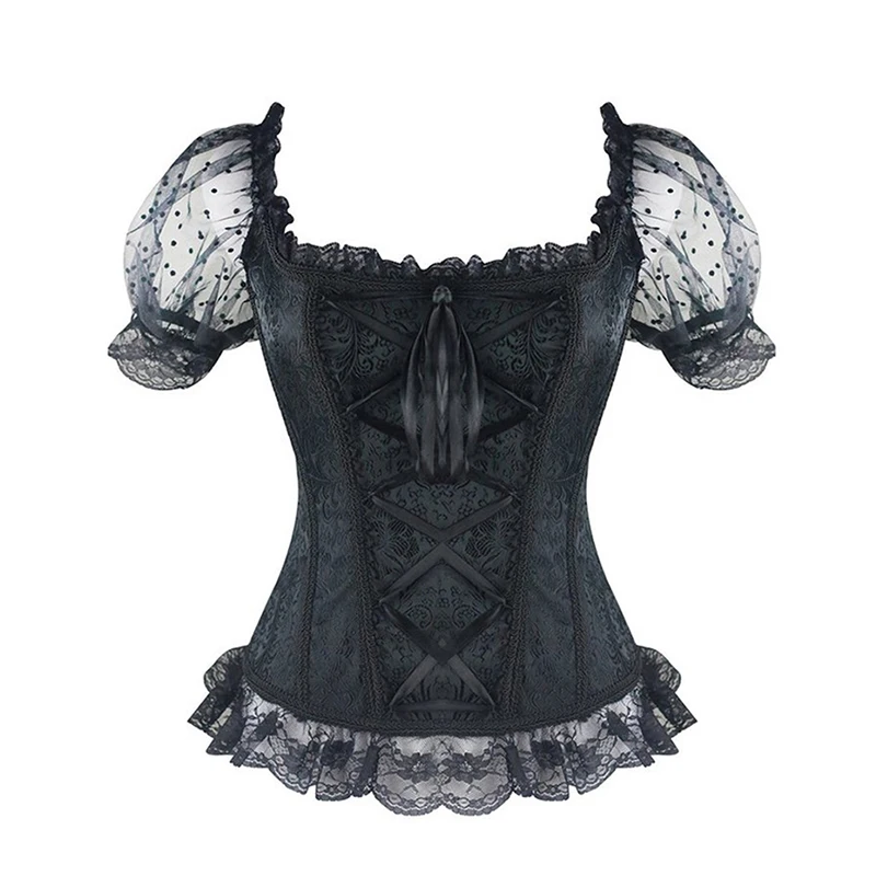 

Women Bustier Corset Lolita Black Lace-Up European Jacquard Weave Lace Corsets Tops Puff Sleeve Vintage Gothic Mesh Sexy Corset