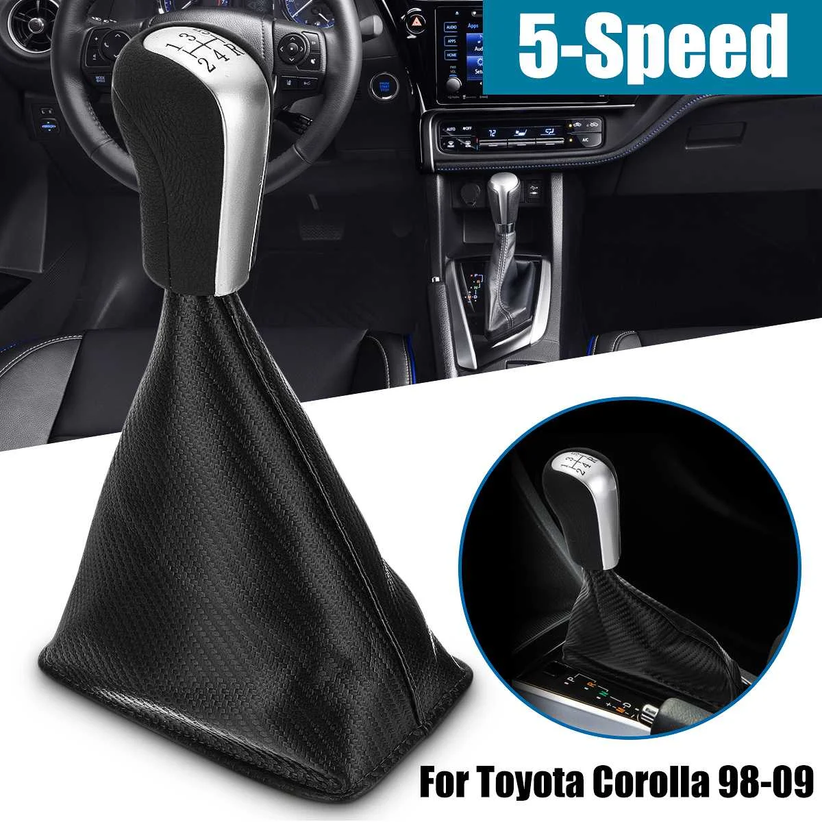 

5 Speed Carbon Fiber Leather Gear Shift Knob Gaitor Boot With Gear Shift Collars For TOYOTA Corolla 1998-2009