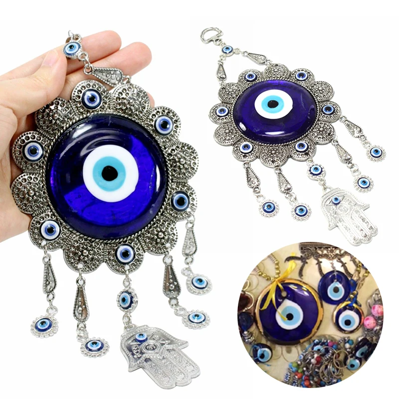 

Fatima Hamsa Hand Amulet Turkish Evil Blue Eye Metal Ornament Protector Lucky Glass Eye Charm Pendant Home Kabbalah Jewish Decor