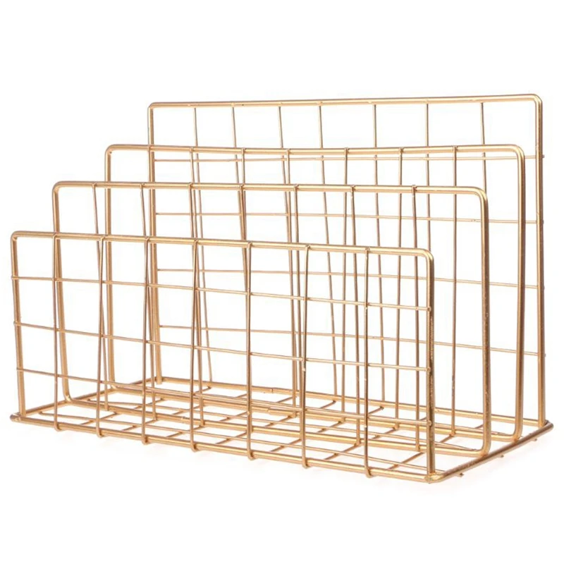 

Nordic Style Iron Art Grid Storage Rack Book Holder Three Layer Desktop Magazine Shelf Home Organizer Decoration(Gold)