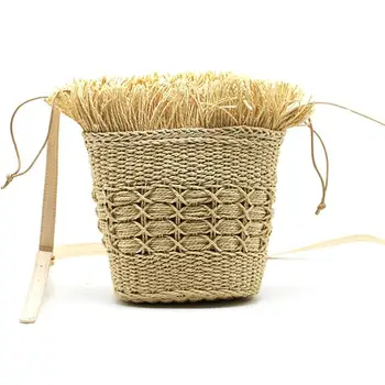 

NEW-Straw Bag Women Messenger Shoulder Bag Popular Summer Cotton Rope Hollow Tassel Tote Women Knitting Crossbody Bags Handbag