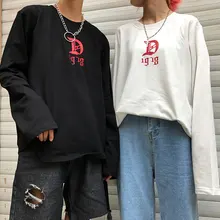 Свободные Письмо с принтом роз Женская одежда Новинка осени ulzzang в Корейском стиле хипстер harajuku модный бренд, свободный покрой, широкие футболки для пары