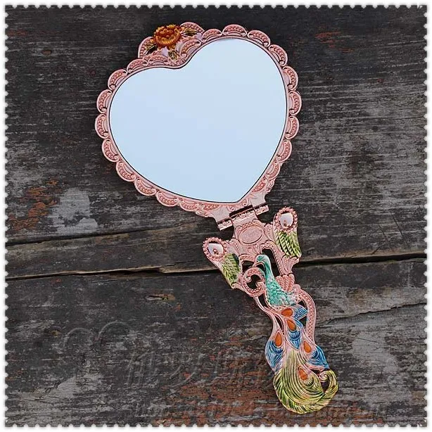 

retro portable small European mirror handle mirror makeup dressing mirror lover's birthday gift embossed colorful peacock 354