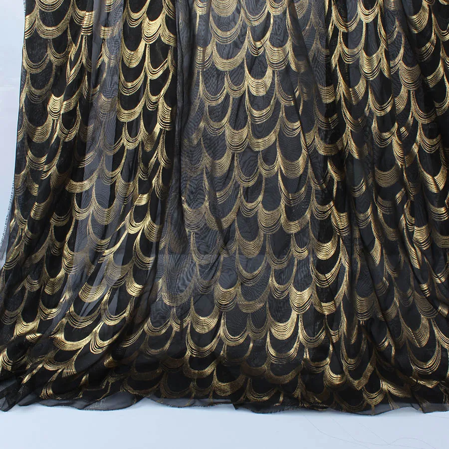 

lightweight gold bronzing scale feather tail chiffon fabric sheer hanfu dress material 150cm wide by meter