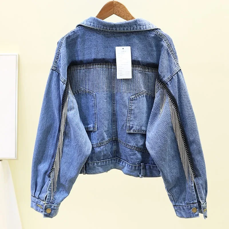 

Beading tassel cropped denim jacket long sleeve fashion jackets loose jeans jacket women 2019 autumn chaqueta mujer veste femme