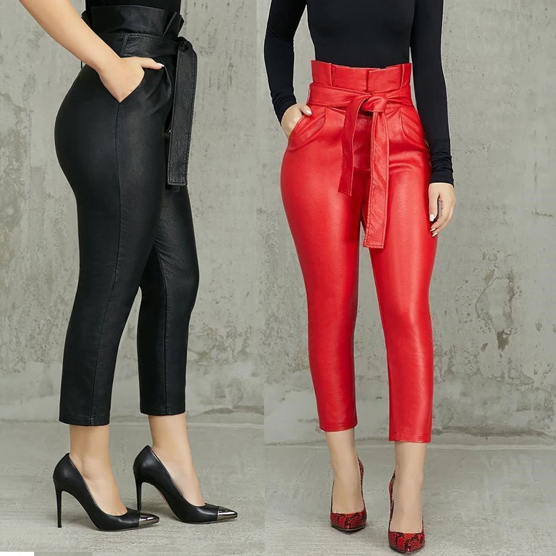 Женские зимние брюки из искусственной кожи с карманами и высокой талией | Женская