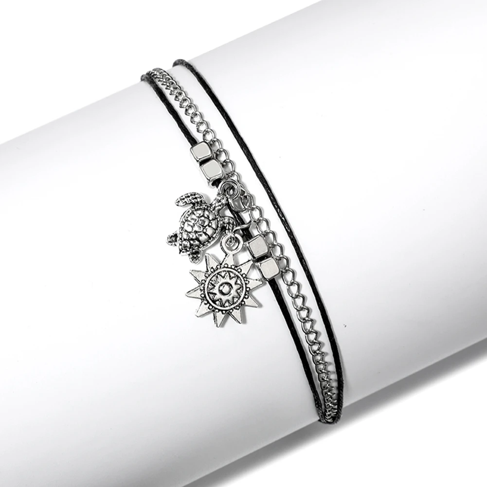 New Three Layers Geometric Sun Turtle Pendant Alloy Rope Anklet Bracelet Female Girls Accessory b | Украшения и аксессуары