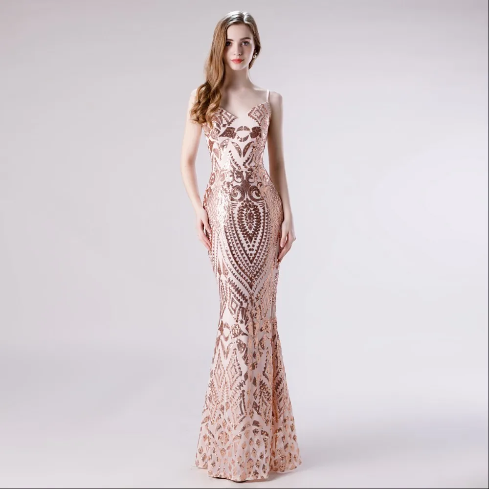 

Vivian's Bridal Fashion Sequin Pattern Prom Dress Sexy Spaghetti Strap Deep V-neck Backless Mermaid Sequin Dress Formal Gown