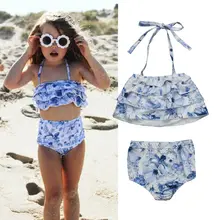 Летний милый детский костюм для плавания бикинидля девочек, комплекты с оборками и цветочным принтом, топы с ремешками+ шорты, купальники