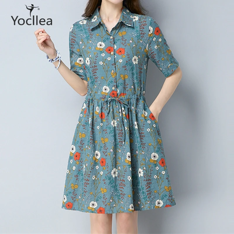 

Summer Dress Women beach Dress Shrot Sleeve Turn Down Collar Causal Print Cotton Linen dresses Plus szie Women's clothing ZY357