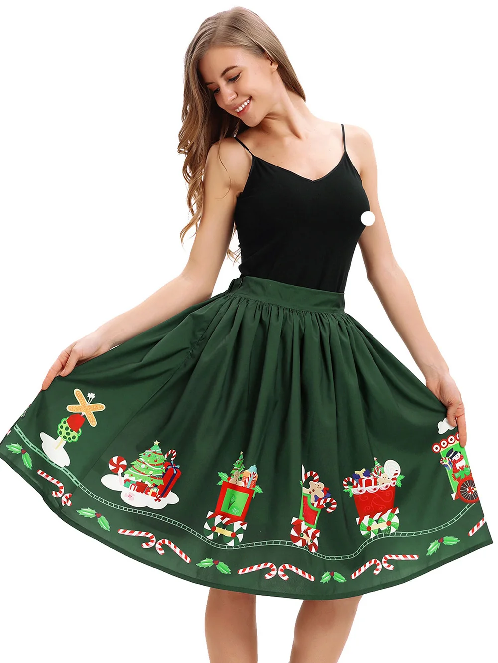Kenancy Women Lovely Christmas Print Knee Length Skater Skirt High Women's Christmas Skirts