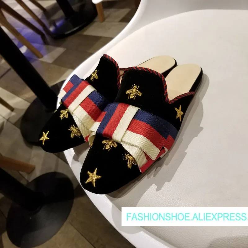 

Hot Spring Autumn Shoes Woman Flock Velvet Bow-knot Mules Slippers Casual Embroider Square Toe Flats Design Zapatos Mujer Shoes
