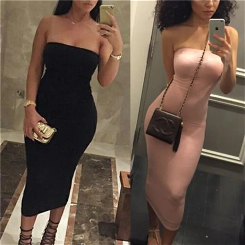 

Summer Dresses Woman Party Night Ladies Womens Plain Strapless Jersey Bandage Midi Pencil Dress Boho Style Sleeveless Fashion