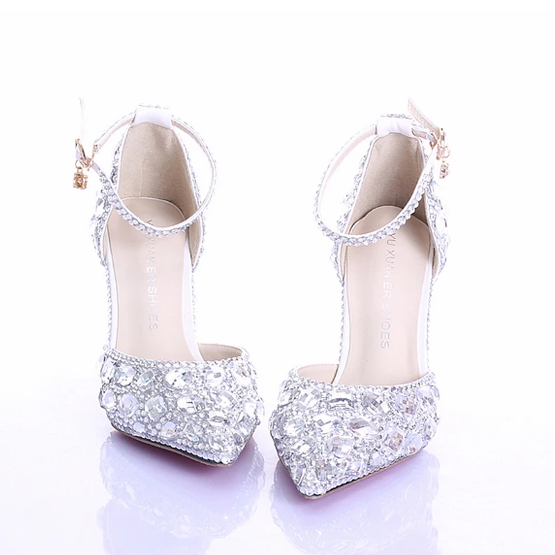 

Women Sandals Rhinestones Crystal Wedding Heels With Buckle Ankle Strap Evening Party Pointed Toe Beautiful Comfortable Shoes