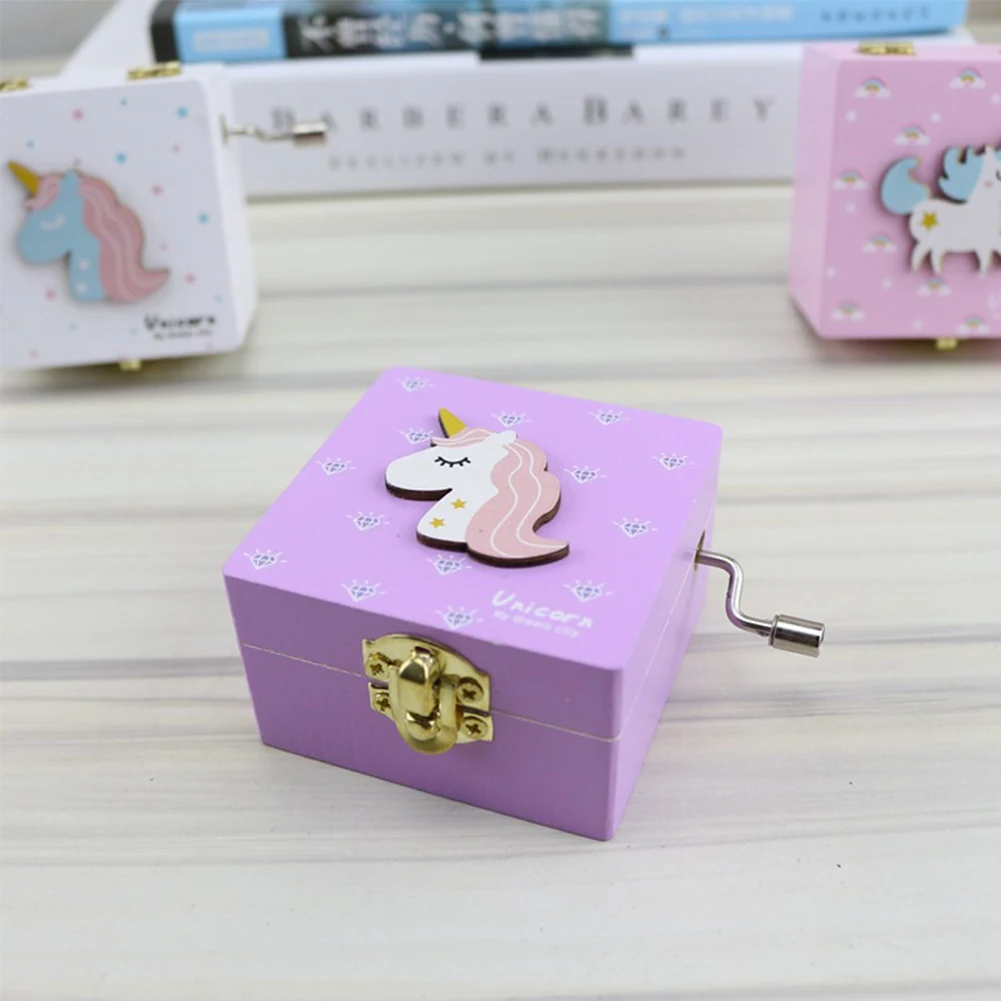 

Wooden Music Box Cartoon Unicorn Carved Clockwork Music Box Kid Gift Mini Hand Crank Music Box
