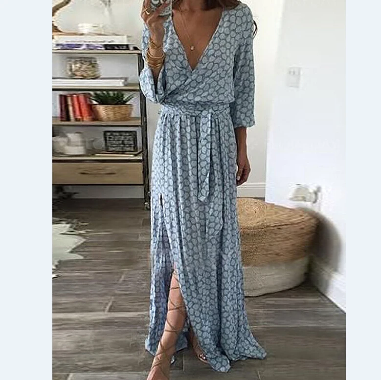 

Women Ladies Clothing Floral Print Long Sleeve Boho Dress Lady Summer Deep V Neck Party Long Maxi Dress Women