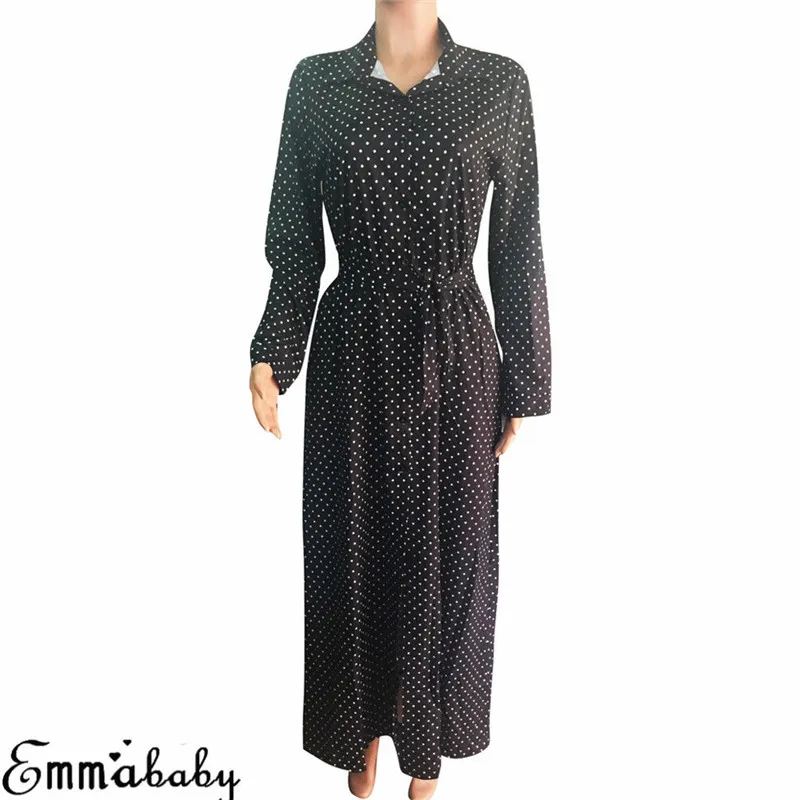 

Trendy Women dress Long Sleeve Polka Dot turn-down collar casual loose Beach Party Polyester Dresses one pieces