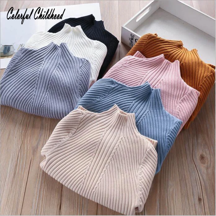 

Vintage solid color stripe pullovers for girls cotton long sleeve knit sweaters kids tops children bottoming shirt Autumn winter