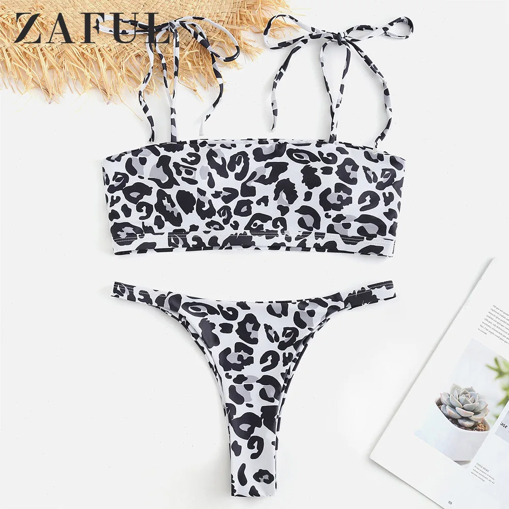 

ZAFUL Leopard Tie Shoulder Plunge Vest Bikini With High Leg Bottom Women Bikini Sets Plain Swimsuit Beach Sexy Swimwear