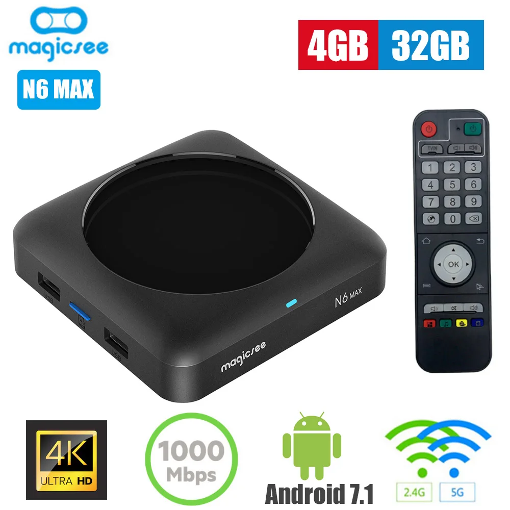 

MAGICSEE N6 MAX TV Box Android 7.1 4GB 32GB 2.4G 5GWiFi 1000Mbps USB3.0 OTG BT4.1 Support 4K H.265 Set Top Box