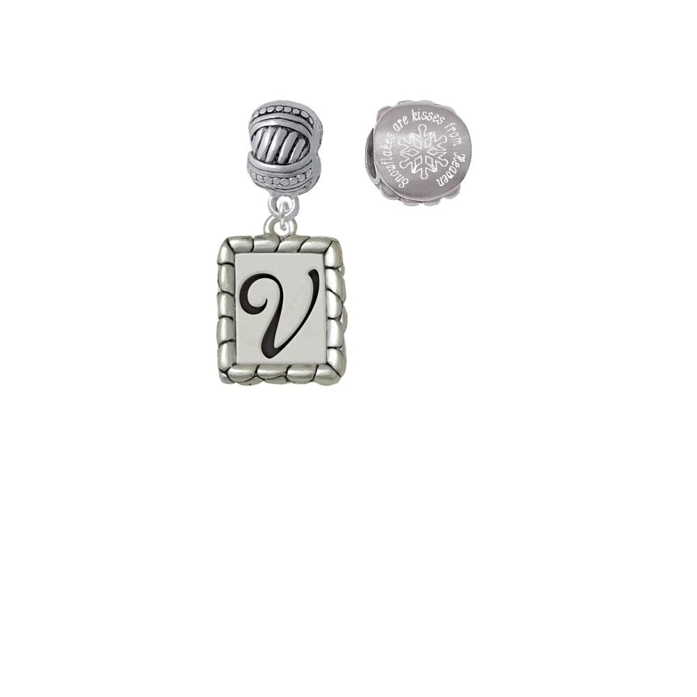 Silvertone Pebble Border Initial - V Snowflakes are Kisses from Heaven Charm Beads (Set of 2) |