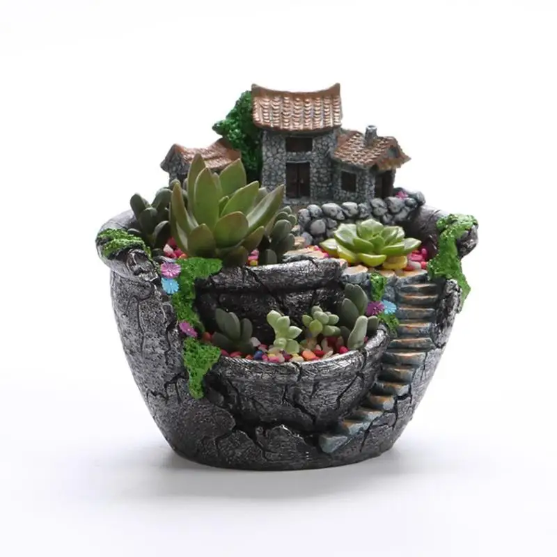 

Pastoral Resin Flowerpot Succulent Plants Planter Desktop Potted Holder Home Garden FengShui Decoration Mini Bonsai Pots