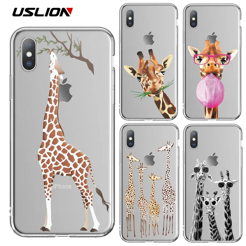 

USLION Funny Cartoon Giraffe Clear Case For iPhone XS MAX XR X 8 Transparent Phone Case For iPhone 7 8 6 6S Plus Soft TPU Cover