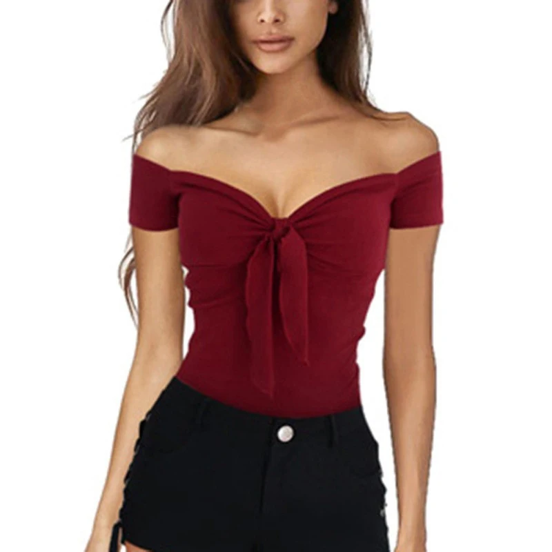 

Sexy Women Ladies Bow Tie Knot V Neck Party Pleated Off Shoulder Tee Croped Tops