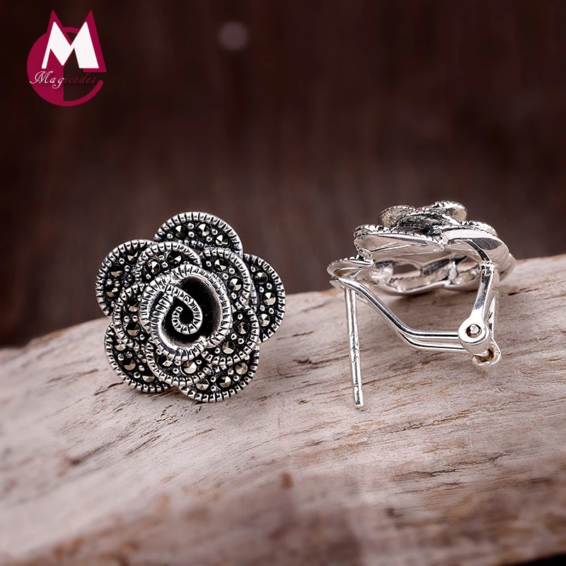 

Thailand Silver Earrings S925 Sterling Silver Jewelry Women's Ear clip Buckle Earrings Vintage Style Bohemia Rose Flower RE647