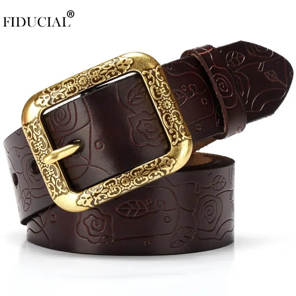 

FIDUCIAL Ladie's Cowhide Leather Belts Waistband Floral Decoration Genuine Needle Buckle Belt for Women Jeans 3.8cm Width FCO157