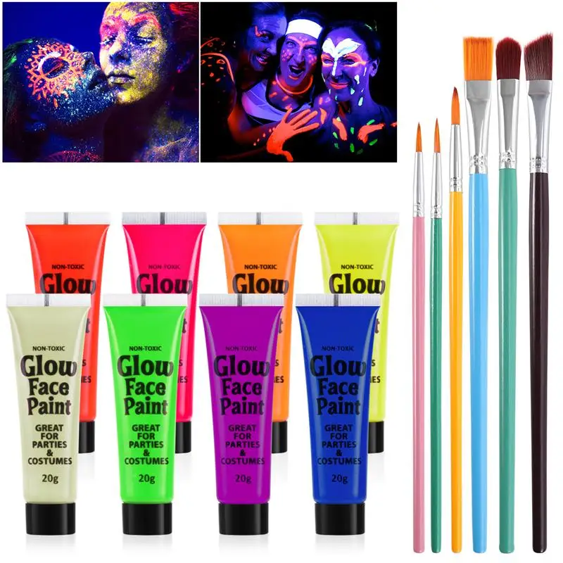 

UV Glow Blacklight Face And Body Paint 8 Colors Fluorescent Pigment And 6pcs Paint Brushes