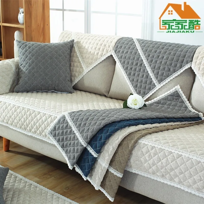 

New Pure Linen Quilted Simple Fabric Cushion Anti-skid Sofa Cover