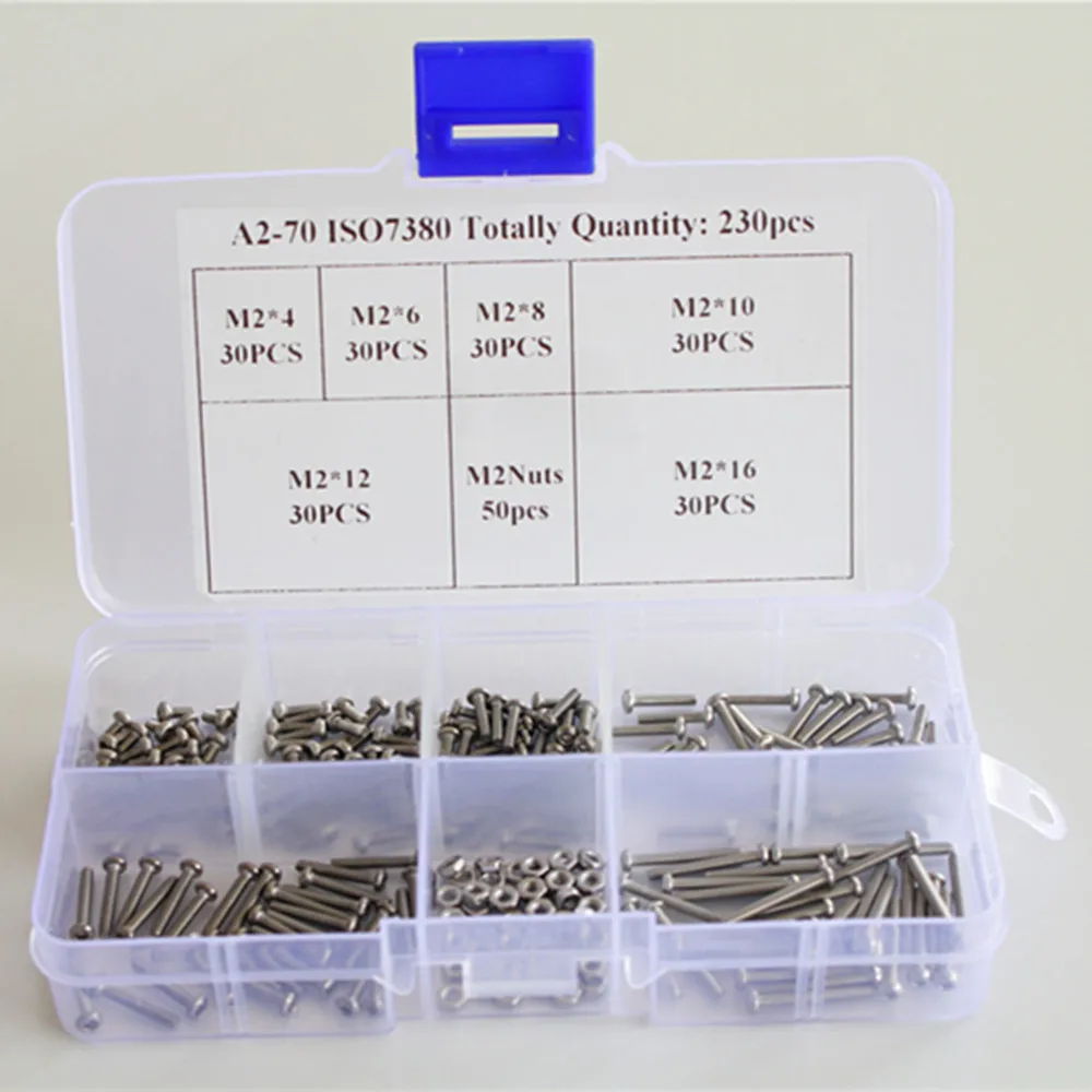 

230pcs/set M2 Hex Socket Button Head Screws Bolts and Nuts Stainless Steel SS304 M2 Screws Nuts Assrotment Set Fastener Hardware