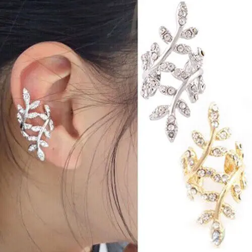 

Punk Leaf Crystal Rhinestone Flower Ear Cuff Wrap Clip-on Stud Cilp Earring