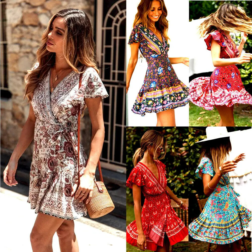 

Vintage Women Short Sleeve Wrap Boho Floral Mini Dress Ladies Summer Sundress Holiday V neck Short Sleeve Print Dress