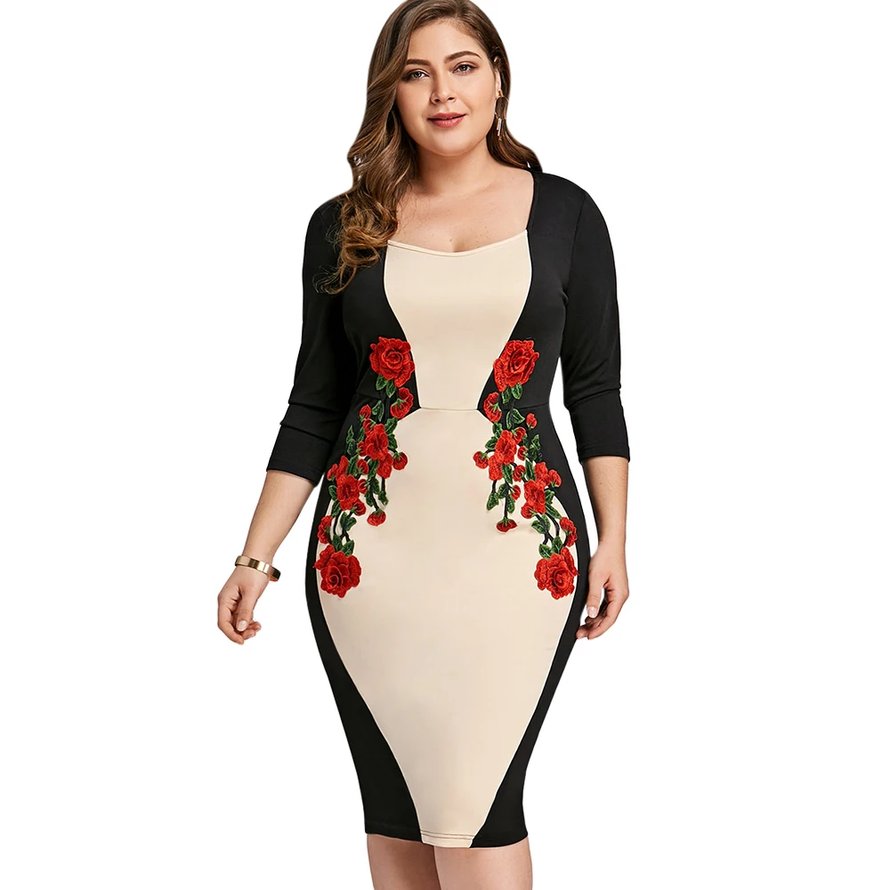 

Wipalo Plus Size Embroidered Bodycon Dress Color Block Elegant Embroidery Party Dress 3/4 Sleeve Knee Length Dress Big Size 5XL
