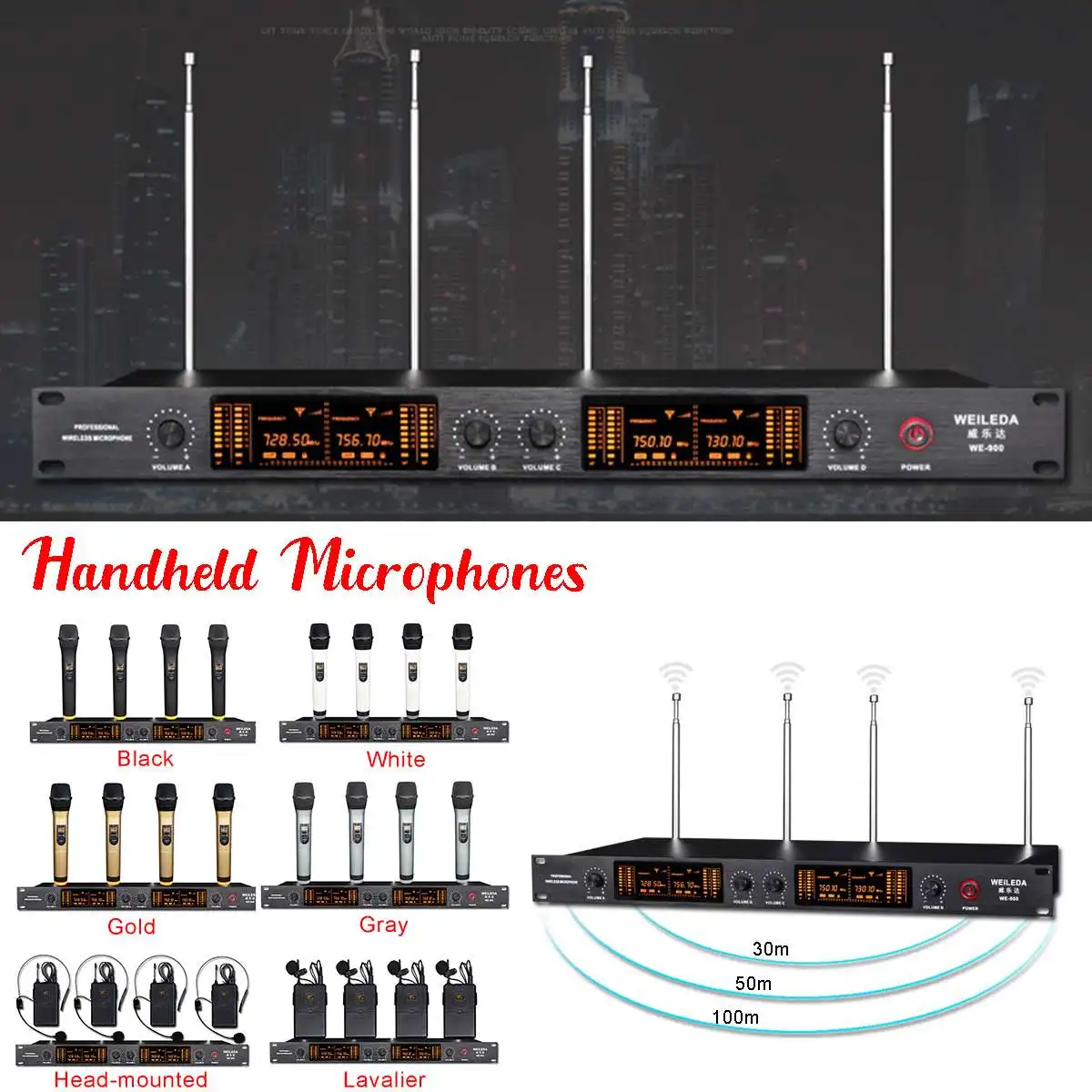 

110-220V UHF 4 Channel Professional LCD Wireless Microphone Cordless System Headheld Mic LED Display Sensitive for KTV Stage