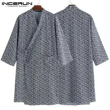 Большие размеры, мужские халаты с принтом, пижамы с коротким рукавом, японское кимоно, свободные мягкие Модные мужские халаты для отдыха, домашняя одежда, INCERUN