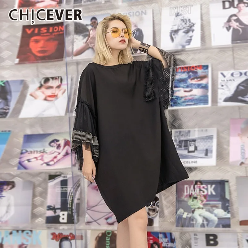 

CHICEVER Summer Casual Patchwork Mesh Ruffles Women Dress O Neck Three Quarter Sleeve Loose Plus Size Knee Length Dresses 2019