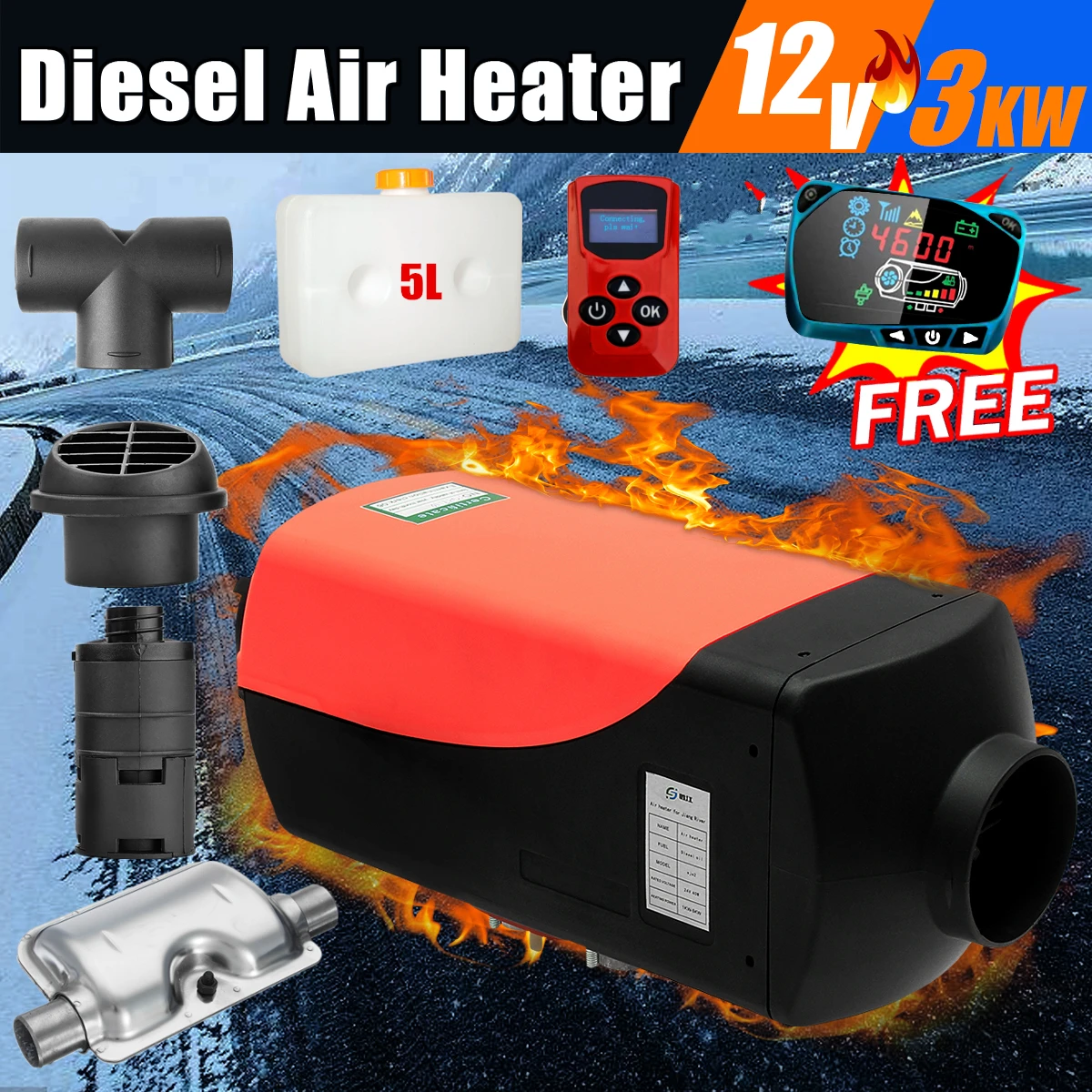 

12V 3kw Diesels Air Parking Heater Air Heating LCD Switch with Silencer & Remote Control For Trucks Boats Bus Car Trailer Heater