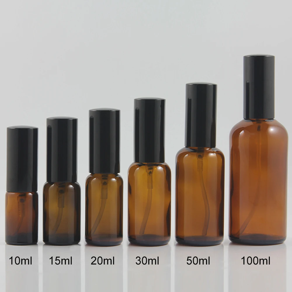 

High-quality brown essential oil glass bottle with black mist spray skin care 10ml, small portable refillable perfume bottle