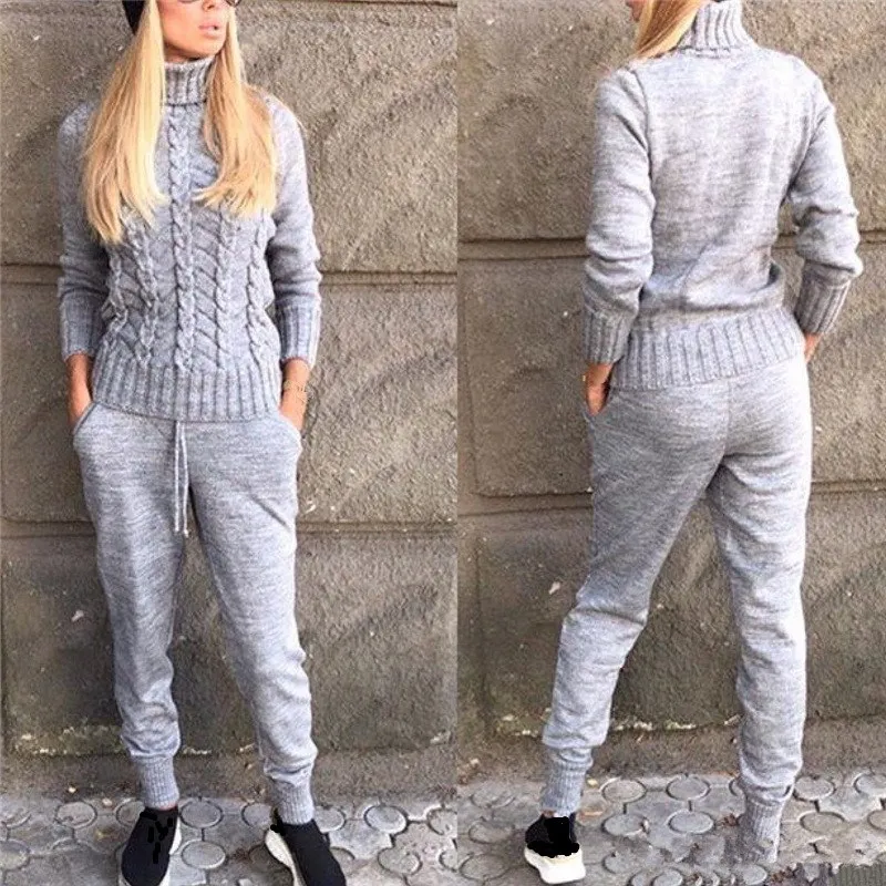 

Winter Casual Knitted Warm Suit Turtleneck Sweater Mink Cashmere Pants Loose Two-Piece Set Knit Tracksuit